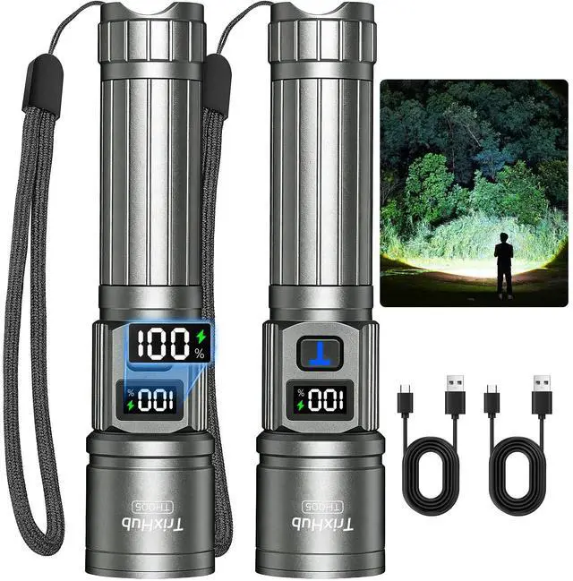 Main image of Rechargeable Flashlights 2 Pack, Super Bright High Lumens Flash Light, 5 Modes Zoomable Linternas with LCD Digital Display, Powerful Handheld LED Flashlights for Home Camping (Titanium)