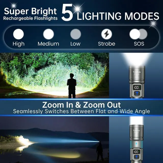Alt view image 2 of 7 - Rechargeable Flashlights 2 Pack, Super Bright High Lumens Flash Light, 5 Modes Zoomable Linternas with LCD Digital Display, Powerful Handheld LED Flashlights for Home Camping (Titanium)