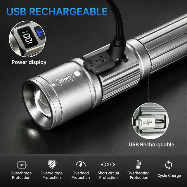 Alt view image 4 of 7 - Rechargeable Flashlights 2 Pack, Super Bright High Lumens Flash Light, 5 Modes Zoomable Linternas with LCD Digital Display, Powerful Handheld LED Flashlights for Home Camping (Titanium)