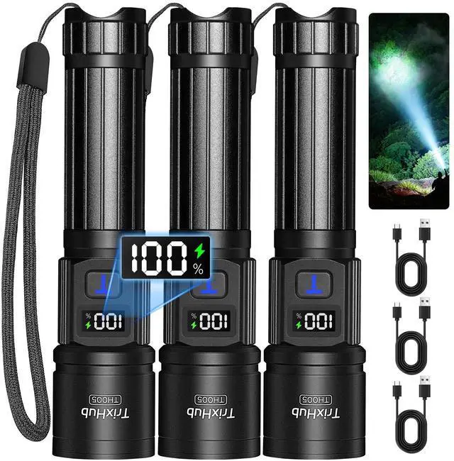 Main image of Rechargeable Flashlights 3 Pack, Super Bright High Lumens Flash Light, 5 Modes Zoomable Linternas with LCD Digital Display, Powerful Handheld LED Flashlights for Home Emergencies Camping