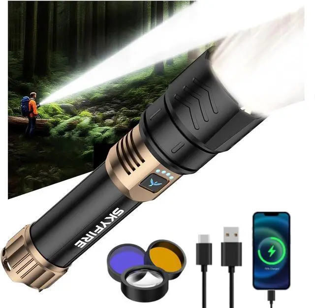 Main image of Flashlight with Ignition Lens,Yellow/Blue Light,3000lm Flashlights High Lumens,Super Bright Rechargeable 5000,Zoomable,6Modes,Waterproof Tactical Flash Light for Camping,Outdoor and Home,Gift
