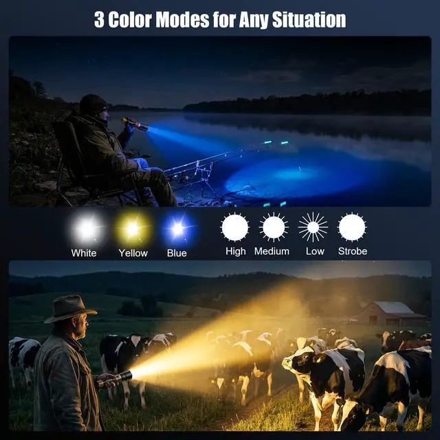 Alt view image 3 of 7 - Flashlight with Ignition Lens,Yellow/Blue Light,3000lm Flashlights High Lumens,Super Bright Rechargeable 5000,Zoomable,6Modes,Waterproof Tactical Flash Light for Camping,Outdoor and Home,Gift