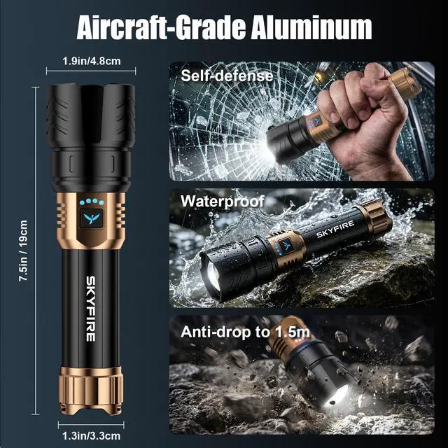 Alt view image 7 of 7 - Flashlight with Ignition Lens,Yellow/Blue Light,3000lm Flashlights High Lumens,Super Bright Rechargeable 5000,Zoomable,6Modes,Waterproof Tactical Flash Light for Camping,Outdoor and Home,Gift