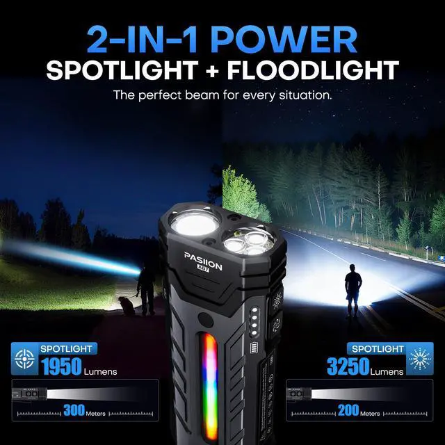 Alt view image 2 of 7 - EDC Rechargeable Flashlight 3250 Lumens with RGB Light,55 Modes Multifunctional Flat Flashlight with Floodlight,Spotlight and Magnetic Base,Waterproof USB C Flashlight for Camping,Home,Emergencies