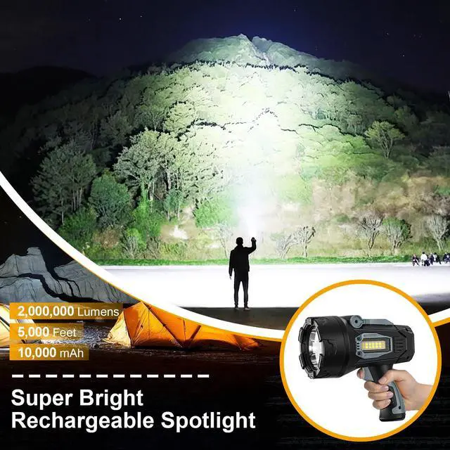 Alt view image 2 of 7 - Rechargeable Spotlight Flashlight 2000000 Lumens, Spot Lights Outdoor with Cob Light & Foldable Stand, Spot Light Long Runtime, Handheld Spotlights for Boating Hunting