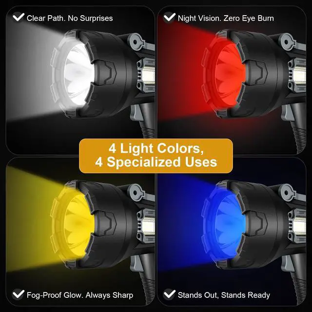 Alt view image 4 of 7 - Rechargeable Spotlight Flashlight 2000000 Lumens, Spot Lights Outdoor with Cob Light & Foldable Stand, Spot Light Long Runtime, Handheld Spotlights for Boating Hunting