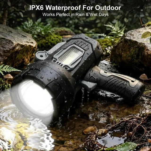 Alt view image 6 of 7 - Rechargeable Spotlight Flashlight 2000000 Lumens, Spot Lights Outdoor with Cob Light & Foldable Stand, Spot Light Long Runtime, Handheld Spotlights for Boating Hunting