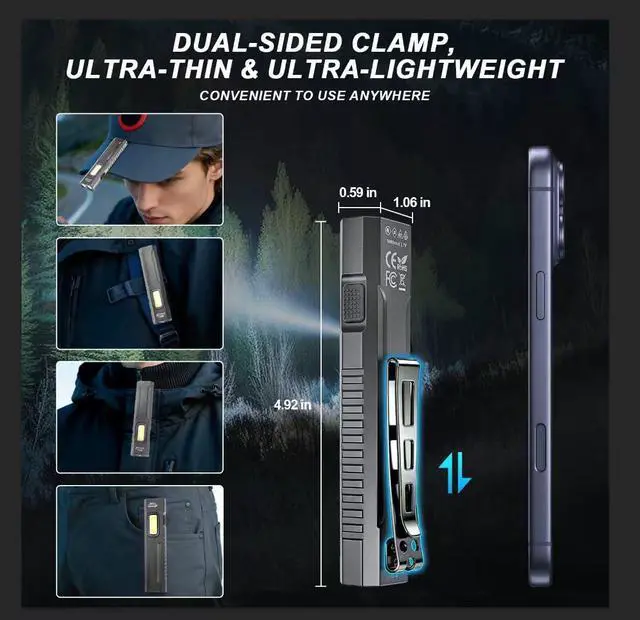 Alt view image 3 of 5 - 1500LM Ultra Bright Rechargeable Portable Flashlight, Magnetic with Clip EDC Flash Light, 9 Light Modes with UV/RGB Light, Small Thin Handheld Flashlight for Home Emergencies Camping, Aluminum, Grey