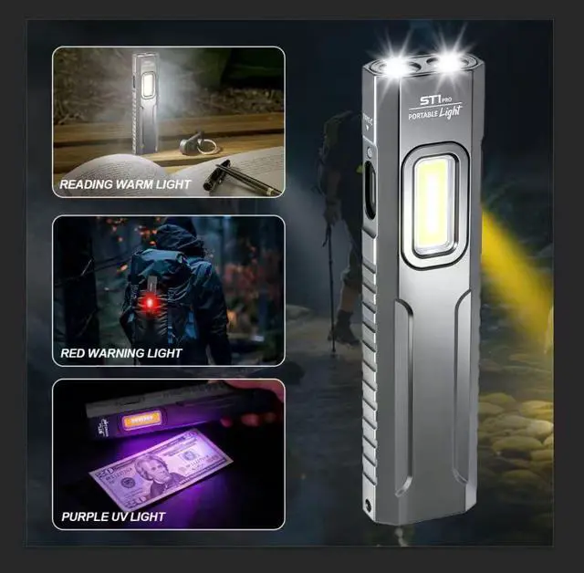 Alt view image 4 of 5 - 1500LM Ultra Bright Rechargeable Portable Flashlight, Magnetic with Clip EDC Flash Light, 9 Light Modes with UV/RGB Light, Small Thin Handheld Flashlight for Home Emergencies Camping, Aluminum, Grey
