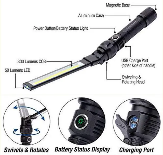 Alt view image 3 of 6 - NT-7543 Foldable Rechargeable LED Work Light, COB LED Slim Work Light with Magnetic Base. Ultra Bright Flashlight, Cast Aluminum, Mechanics, Car Repair, Outdoor, Camping, Emergency, Garage