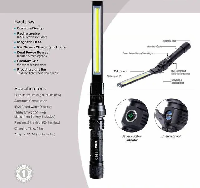 Alt view image 2 of 6 - NT-7543 Foldable Rechargeable LED Work Light, COB LED Slim Work Light with Magnetic Base. Ultra Bright Flashlight, Cast Aluminum, Mechanics, Car Repair, Outdoor, Camping, Emergency, Garage