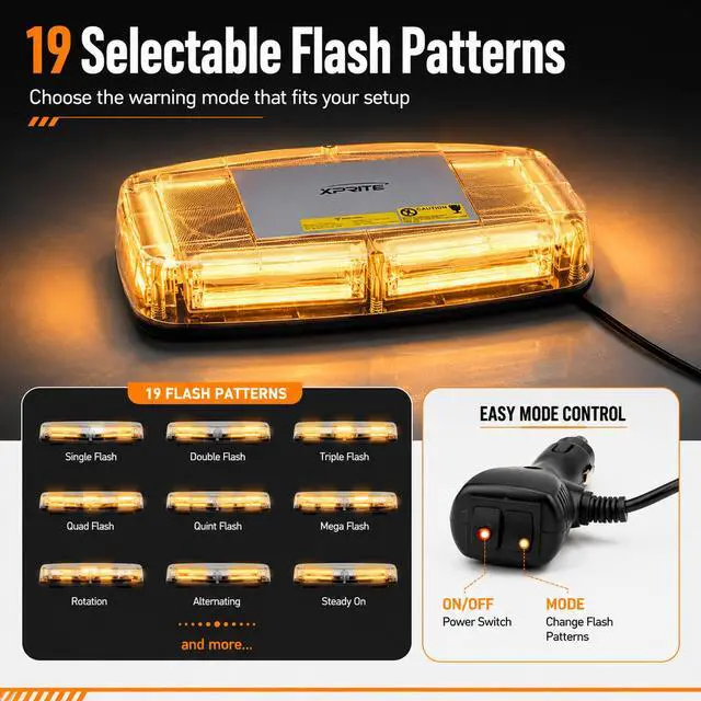 Alt view image 4 of 7 - Amber COB LED Rooftop Strobe Beacon Light, 12V Magnetic Base Caution Lightbar with 19 Flash Patterns for Construction Towing Snow Plow Pickup Work Trucks Cars