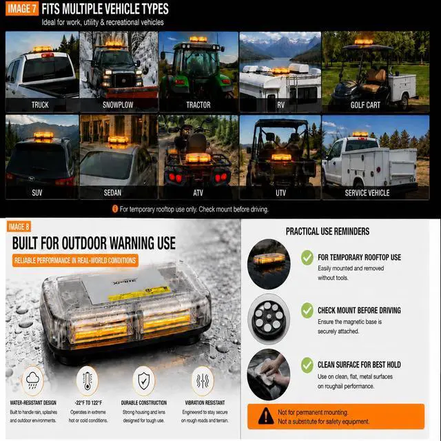 Alt view image 6 of 7 - Amber COB LED Rooftop Strobe Beacon Light, 12V Magnetic Base Caution Lightbar with 19 Flash Patterns for Construction Towing Snow Plow Pickup Work Trucks Cars