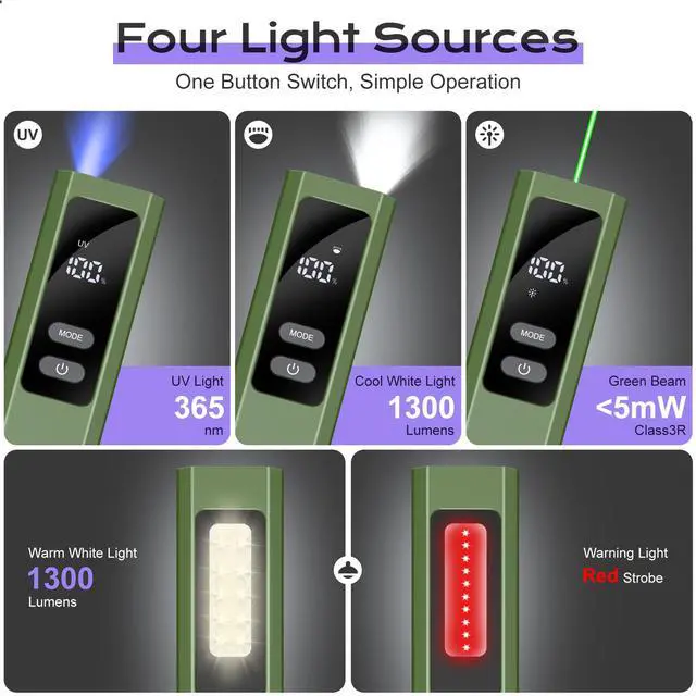 Alt view image 2 of 7 - EDC Flashlight 4 in 1 Pocket Magnetic Slim Flat Flashlight High Lumens Work Light with Green Beam & UV Light & Warning Light Combo EDC Rechargeable LT-010 (Green)