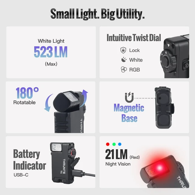 Alt view image 5 of 7 - ThruNite T5 Mini EDC Flashlight, Rechargeable Magnetic Clip Pocket Light | Hands-free 3 ways: magnetic base, 180° pivot head, center clip. 523 lm, 83 m, IPX-6, 1.5 m drop, USB-C