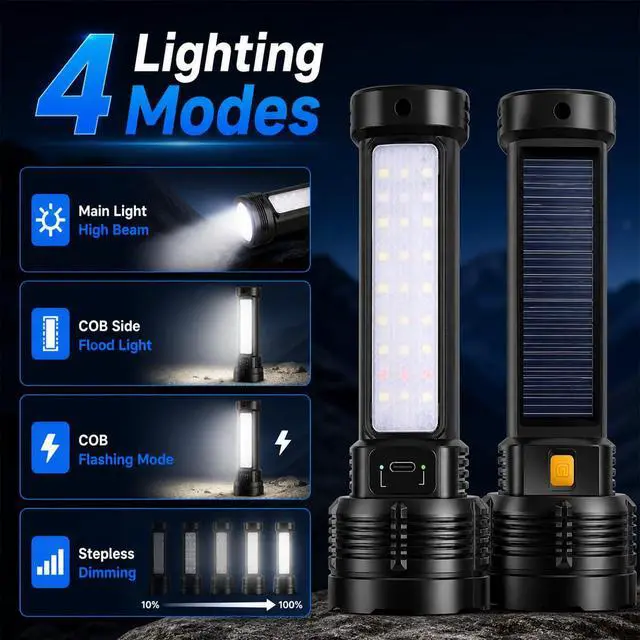 Alt view image 2 of 7 - LED Rechargeable Solar Flashlight, Super Bright High Lumens Flash Light, 4 Modes with COB Side Light, Step-Dimming, USB-C & Solar Charging, Perfect for Camping, Hiking, and Power Outages - 2 Pack