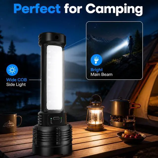 Alt view image 3 of 7 - LED Rechargeable Solar Flashlight, Super Bright High Lumens Flash Light, 4 Modes with COB Side Light, Step-Dimming, USB-C & Solar Charging, Perfect for Camping, Hiking, and Power Outages - 2 Pack