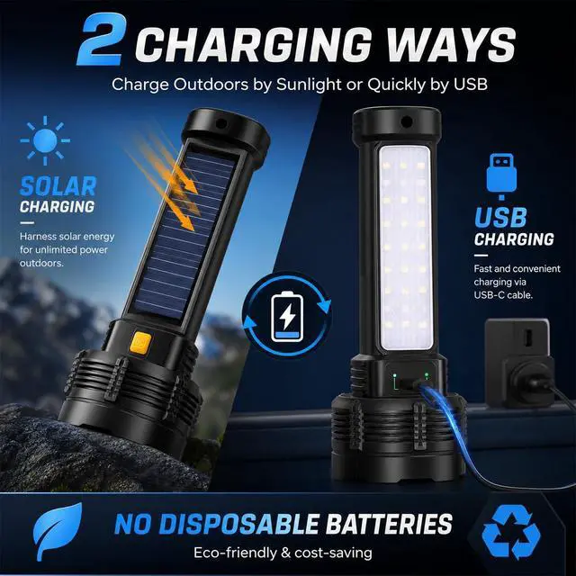 Alt view image 4 of 7 - LED Rechargeable Solar Flashlight, Super Bright High Lumens Flash Light, 4 Modes with COB Side Light, Step-Dimming, USB-C & Solar Charging, Perfect for Camping, Hiking, and Power Outages - 2 Pack