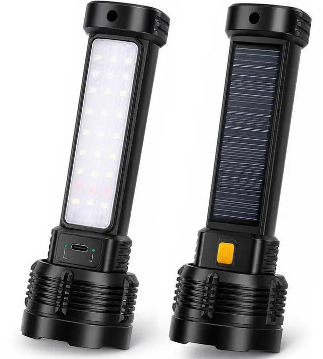 Main image of LED Rechargeable Solar Flashlight, Super Bright High Lumens Flash Light, 4 Modes with COB Side Light, Step-Dimming, USB-C & Solar Charging, Perfect for Camping, Hiking, and Power Outages - 2 Pack