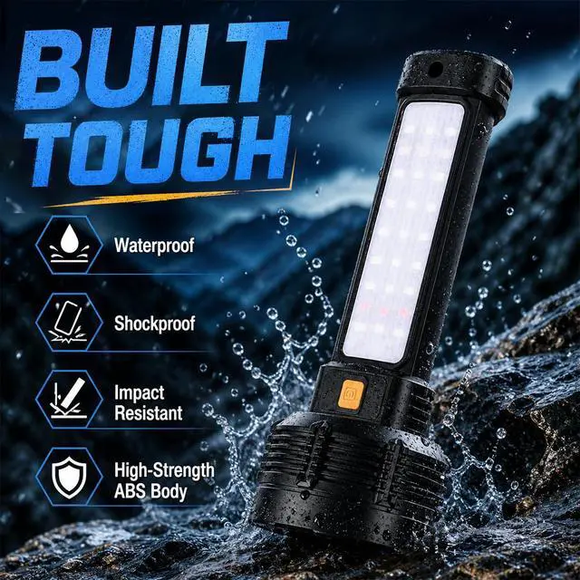 Alt view image 6 of 7 - LED Rechargeable Solar Flashlight, Super Bright High Lumens Flash Light, 4 Modes with COB Side Light, Step-Dimming, USB-C & Solar Charging, Perfect for Camping, Hiking, and Power Outages - 2 Pack