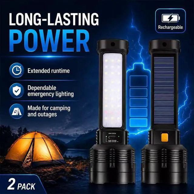 Alt view image 7 of 7 - LED Rechargeable Solar Flashlight, Super Bright High Lumens Flash Light, 4 Modes with COB Side Light, Step-Dimming, USB-C & Solar Charging, Perfect for Camping, Hiking, and Power Outages - 2 Pack