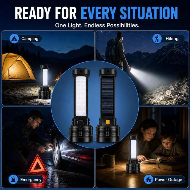 Alt view image 5 of 7 - LED Rechargeable Solar Flashlight, Super Bright High Lumens Flash Light, 4 Modes with COB Side Light, Step-Dimming, USB-C & Solar Charging, Perfect for Camping, Hiking, and Power Outages - 2 Pack