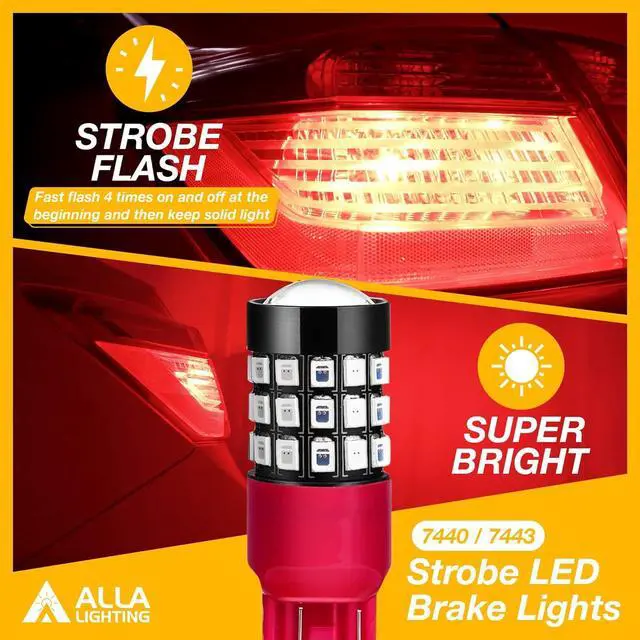 Alt view image 3 of 7 - Upgraded T20 7440 7443 LED Strobe Brake Lights Bulbs, Red Flashing Stop Lamps, W21W 7440LL 7443LL Strobe LED Taillights Replacement for Cars, Trucks, SUVs, Vans