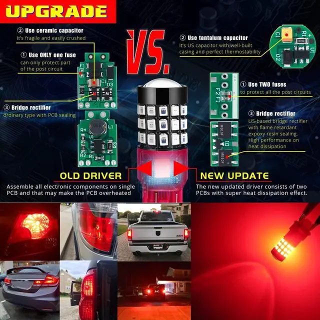 Alt view image 4 of 7 - Upgraded T20 7440 7443 LED Strobe Brake Lights Bulbs, Red Flashing Stop Lamps, W21W 7440LL 7443LL Strobe LED Taillights Replacement for Cars, Trucks, SUVs, Vans