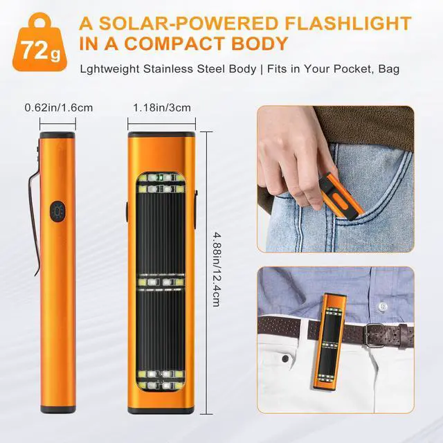 Alt view image 6 of 7 - Solar/Rechargeable EDC Flat Flashlights, Small Pocket Light Orange