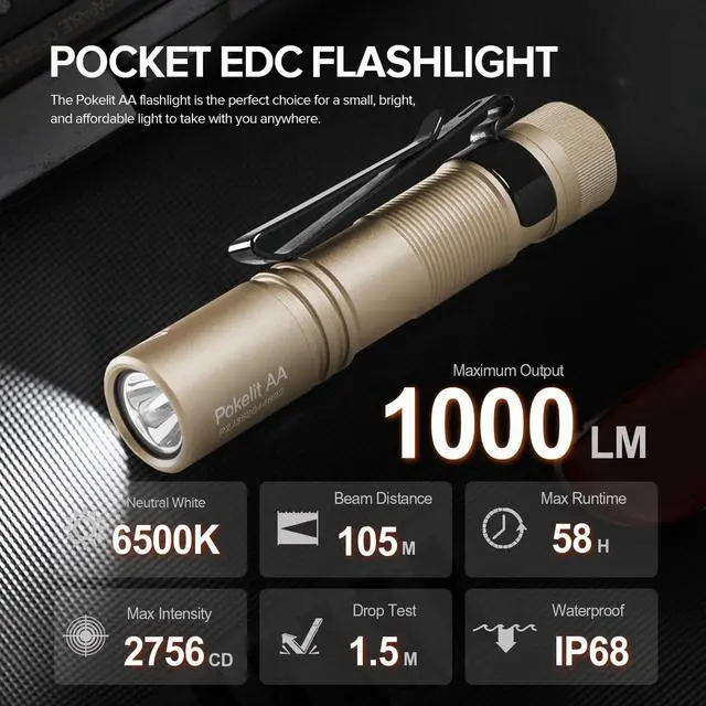 Alt view image 2 of 5 - Pokelit AA Mini Flashlight with Clip, 1000 High Lumens EDC Light