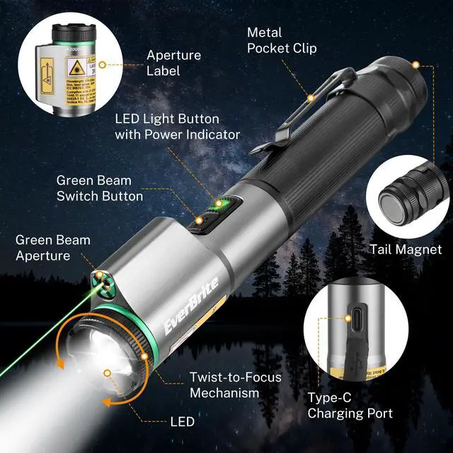 Alt view image 2 of 7 - Rechargeable EDC Flashlight with 500LM White Light and Green Beam