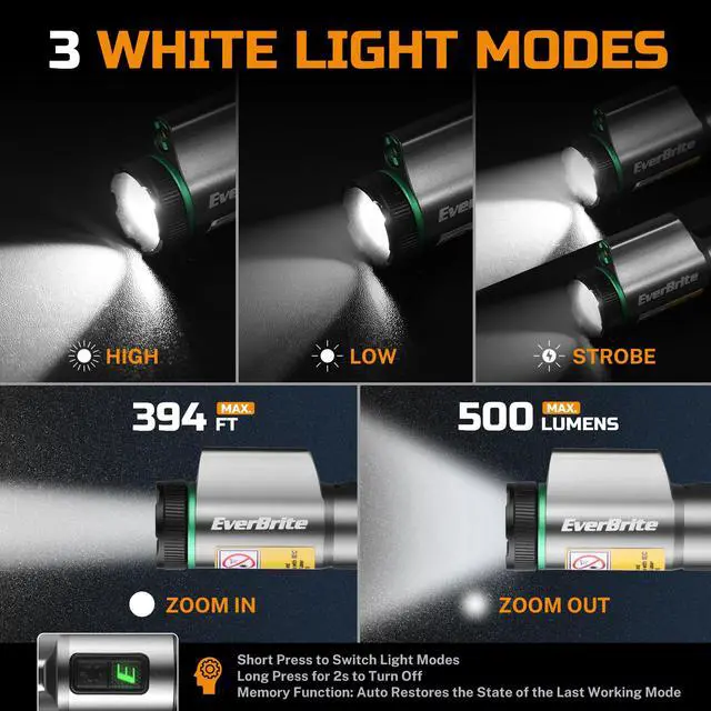 Alt view image 3 of 7 - Rechargeable EDC Flashlight with 500LM White Light and Green Beam