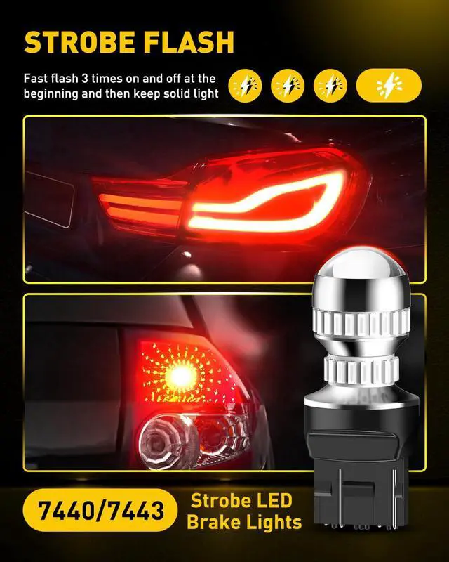 Alt view image 2 of 7 - 7440 7443 LED Strobe Brake Lights Bulbs, Red Flashing Stop Light, Super Bright T20 W21W 7441 7444 7443R Flashing Strobe Blinking LED Tail Light Bulbs, Pack of 2