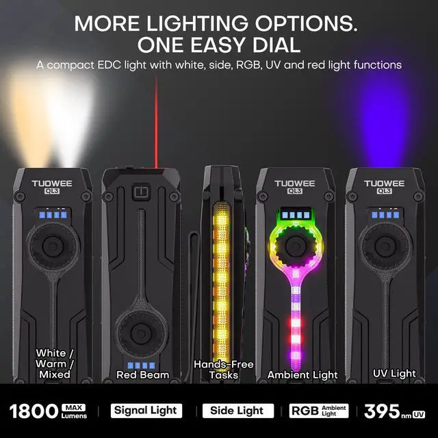 Alt view image 2 of 7 - UV Flat EDC Flashlight Rechargeable 1800 High Lumens Pocket Light with RGB,Magnetic Base Small Flashlights with Dual Switch,Stepless Dimming,USB-C Waterproof Work Flash Light for Work,Home,Emergencies
