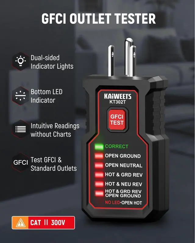 Alt view image 2 of 7 - KT302T Outlet Tester with GFCI Test, Dual-Sided LED Receptacle Tester Detects 7 Common Wiring Faults, 110-125V AC Electrical Socket Diagnostic Tool for North American Standard Outlets