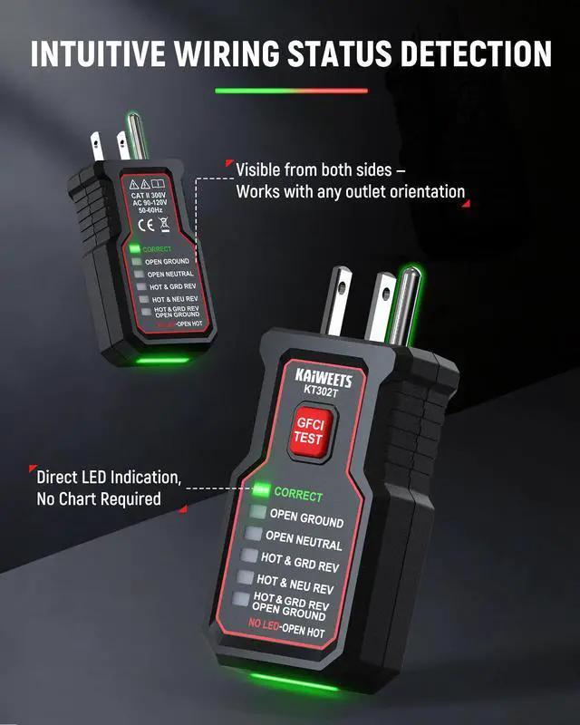 Alt view image 3 of 7 - KT302T Outlet Tester with GFCI Test, Dual-Sided LED Receptacle Tester Detects 7 Common Wiring Faults, 110-125V AC Electrical Socket Diagnostic Tool for North American Standard Outlets