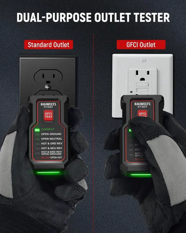 Alt view image 4 of 7 - KT302T Outlet Tester with GFCI Test, Dual-Sided LED Receptacle Tester Detects 7 Common Wiring Faults, 110-125V AC Electrical Socket Diagnostic Tool for North American Standard Outlets