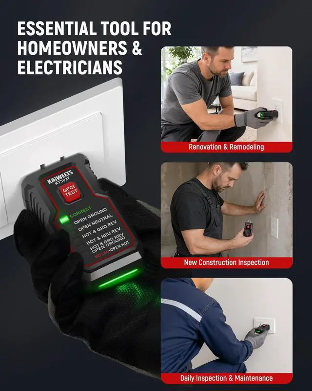 Alt view image 7 of 7 - KT302T Outlet Tester with GFCI Test, Dual-Sided LED Receptacle Tester Detects 7 Common Wiring Faults, 110-125V AC Electrical Socket Diagnostic Tool for North American Standard Outlets