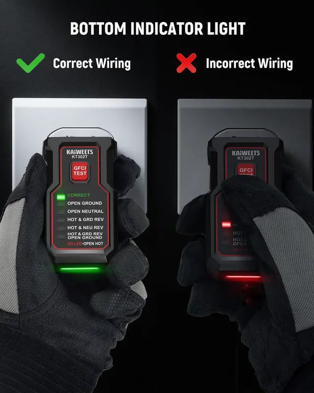 Alt view image 5 of 7 - KT302T Outlet Tester with GFCI Test, Dual-Sided LED Receptacle Tester Detects 7 Common Wiring Faults, 110-125V AC Electrical Socket Diagnostic Tool for North American Standard Outlets
