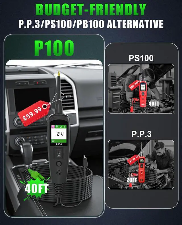 Alt view image 2 of 7 - Circuit Tester Automotive, Power Circuit Probe Tester, Test Light Automotive with 40FT Cable, Car Fuse Tester, AC DC 12V 24V Car Diagnostic Tool, P100