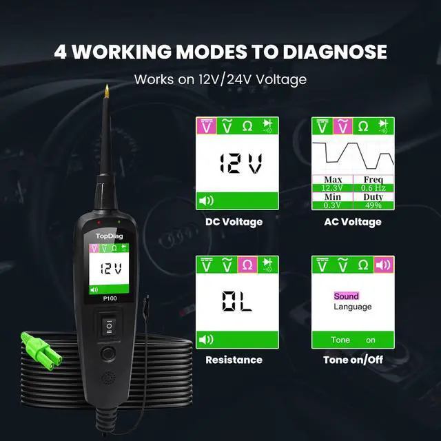 Alt view image 3 of 7 - P100 Automotive Power Circuit Probe Tester, 12 24V Electrical Short/Open Breaker Finder, AC DC Diode Resistance Relay Tester, Continuity Test Digital Multimeter/Ohmmeters, 20 + 20FT Cable