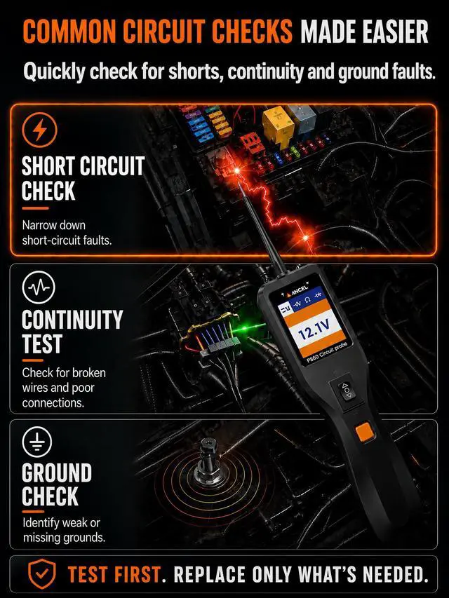 Alt view image 6 of 7 - PB60 Automotive Power Circuit Probe Tester 12-24V, All-in-One Electrical Diagnostic Tool with Component Activation, Short Finder, Digital Multimeter Ohmmeter Functions for Cars Trucks RVs