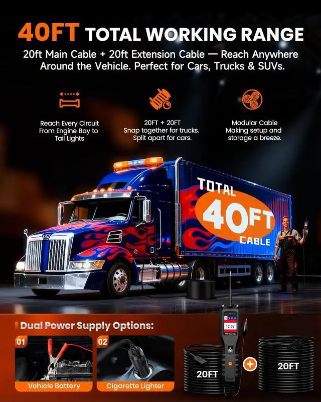 Alt view image 4 of 7 - PB100 Automotive Power Circuit Probe, 12-24 VDC Car Electrical Diagnostic Tool, AC/DC Voltage Current Resistance Short Detection, Trailer Light Test, Digital Voltmeter Ohmmeter, 40FT Cables