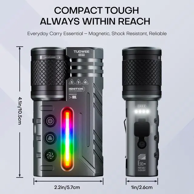Alt view image 5 of 7 - EDC Flat Flashlight,3000 Lumens Super Bright Compact LED Flashlights with 22 Modes,Magnetic Base,Spotlight Floodlight,Pocket Flash Light with Clip for Home,Camping, Emergency
