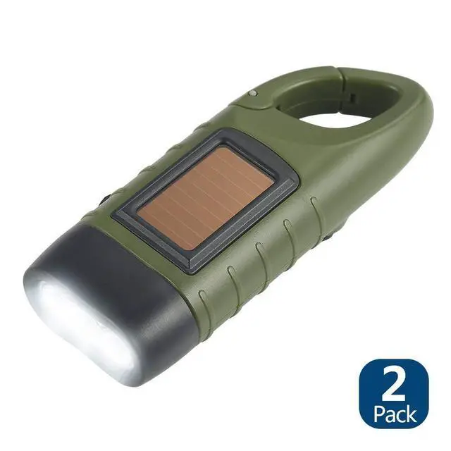 Alt view image 2 of 7 - 2-Pack Hand Crank Solar Powered Flashlight, Emergency Rechargeable LED Survival Flashlight, Quick Snap Carbiner Dynamo Flash Light Torch for Outdoor Sports, Green
