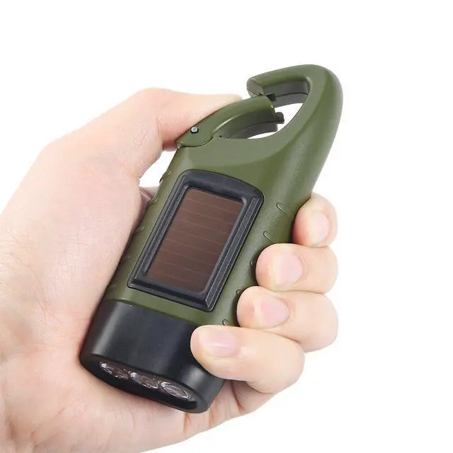 Alt view image 5 of 7 - 2-Pack Hand Crank Solar Powered Flashlight, Emergency Rechargeable LED Survival Flashlight, Quick Snap Carbiner Dynamo Flash Light Torch for Outdoor Sports, Green