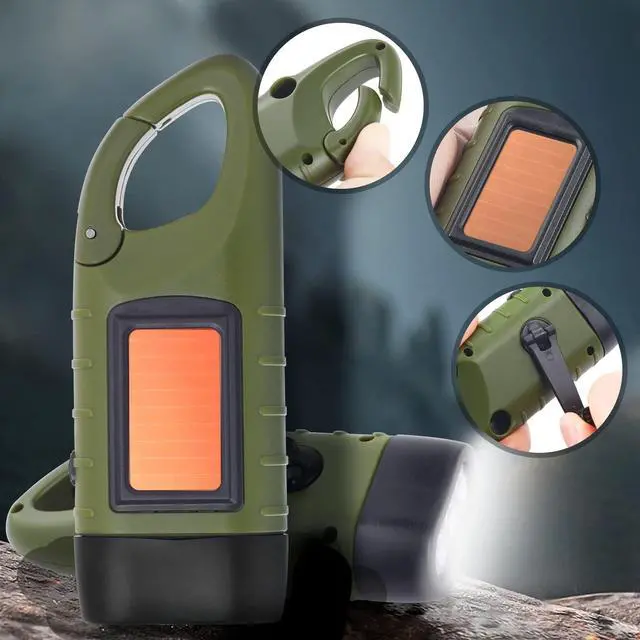 Alt view image 6 of 7 - 2-Pack Hand Crank Solar Powered Flashlight, Emergency Rechargeable LED Survival Flashlight, Quick Snap Carbiner Dynamo Flash Light Torch for Outdoor Sports, Green
