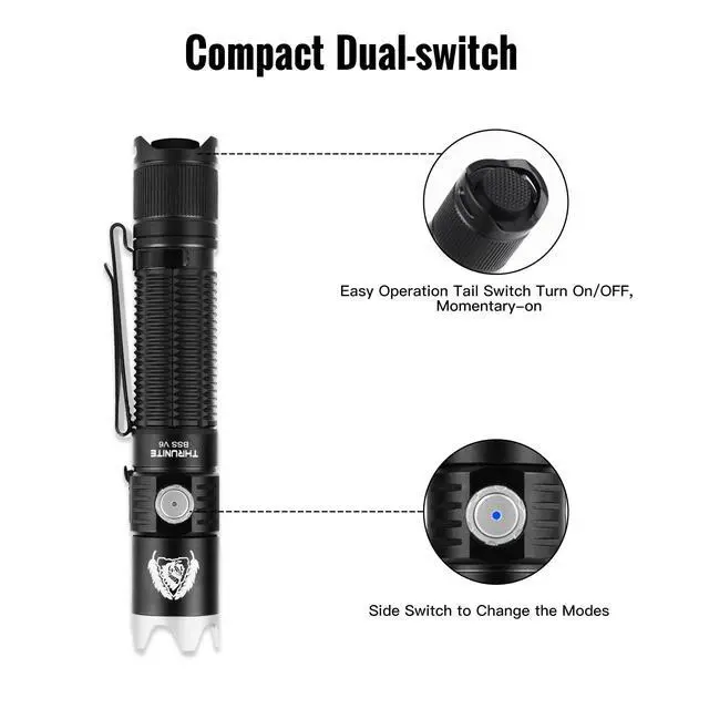 Alt view image 2 of 7 - BSS V6 Tactical Flashlight High 2000 Lumens, Black Scout Survival USB-C Rechargeable LED Flashlights, 6 Modes EDC Handheld Light with Dual Switch & Holster for Camping Hiking Emergency