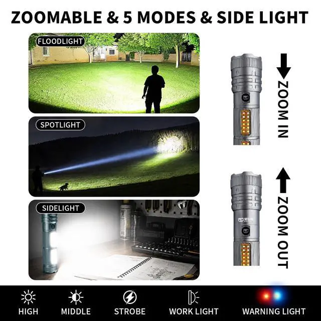 Alt view image 2 of 7 - Rechargeable Flashlights High Lumens, Super Bright Tactical Flashlight 5 Modes, USB-C Charging Battery Powered Led Lights, Heavy Duty Flash Light for Camping,Car,Home,Emergency