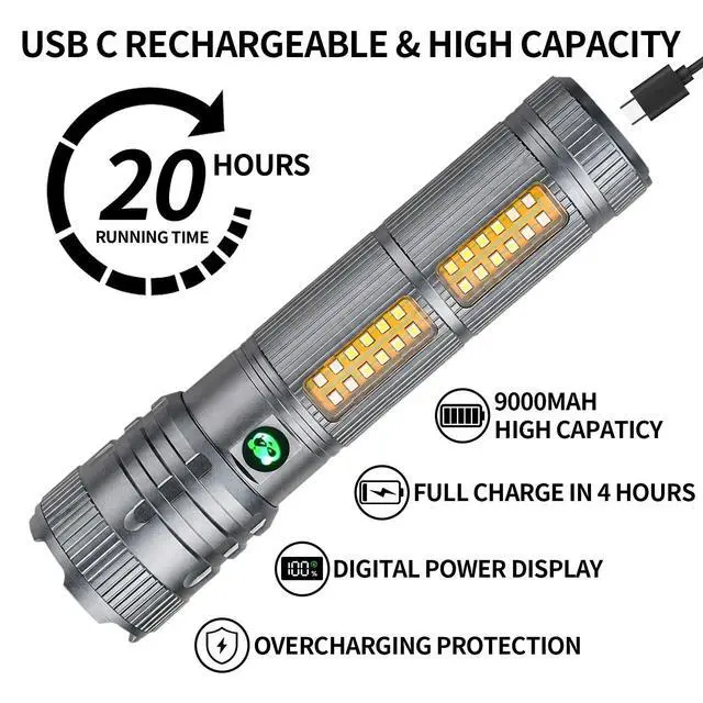 Alt view image 4 of 7 - Rechargeable Flashlights High Lumens, Super Bright Tactical Flashlight 5 Modes, USB-C Charging Battery Powered Led Lights, Heavy Duty Flash Light for Camping,Car,Home,Emergency